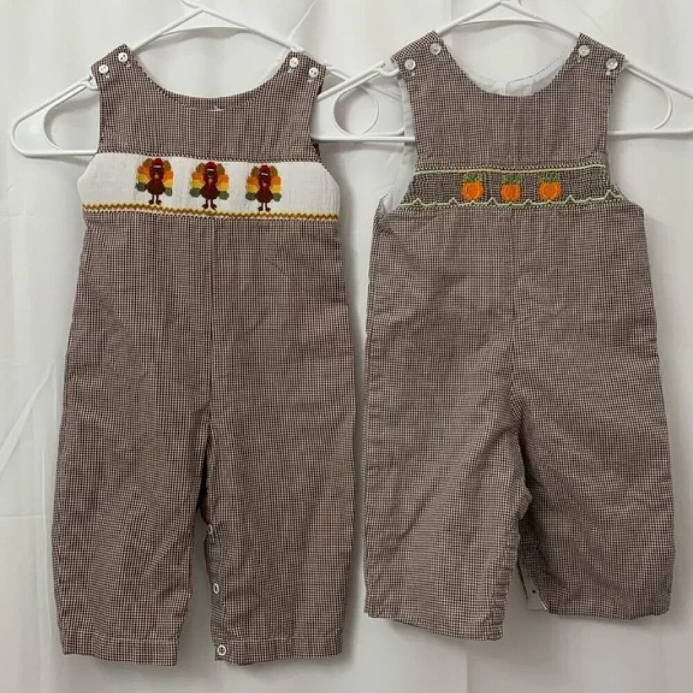 Baby Unisex Bundled Smocked Jon Jon Romper Turkey And Pumpkins Both Size 12M EUC